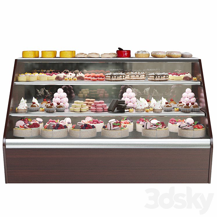 Confectionery. Refrigerator with sweets and desserts. Cake