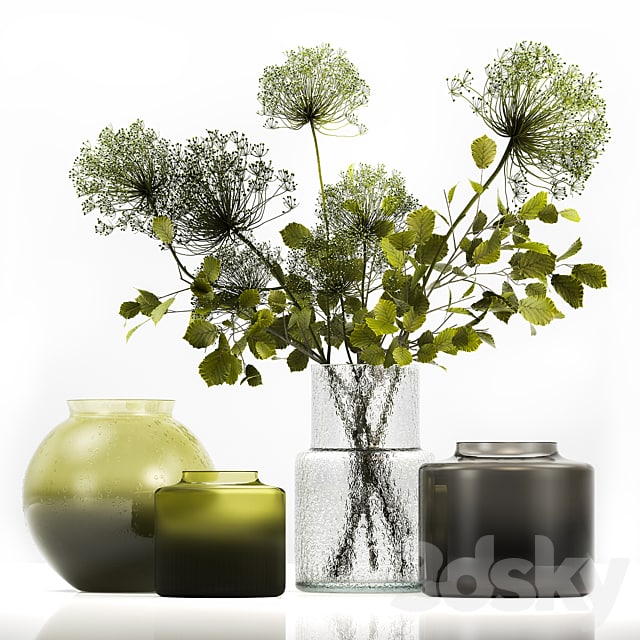 Spring bouquet of green flowers in a glass vase ikea, ikea with hogweed, branches, leaves. 250