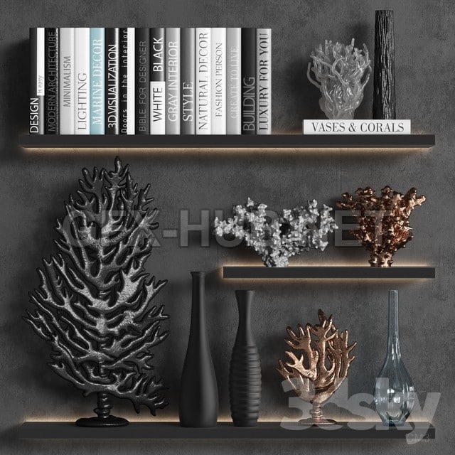 Decorative set of coral books and vases