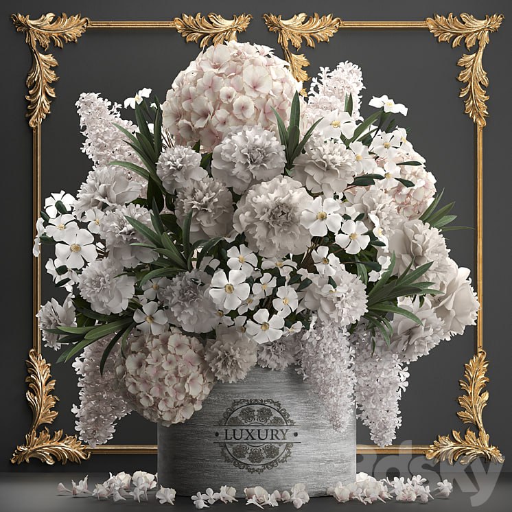 Bouquet of flowers 91. luxury bouquet, stucco frame, Hydrangea, lilac, peonies, oleander, vase, white bouquet, gold, luxury decor