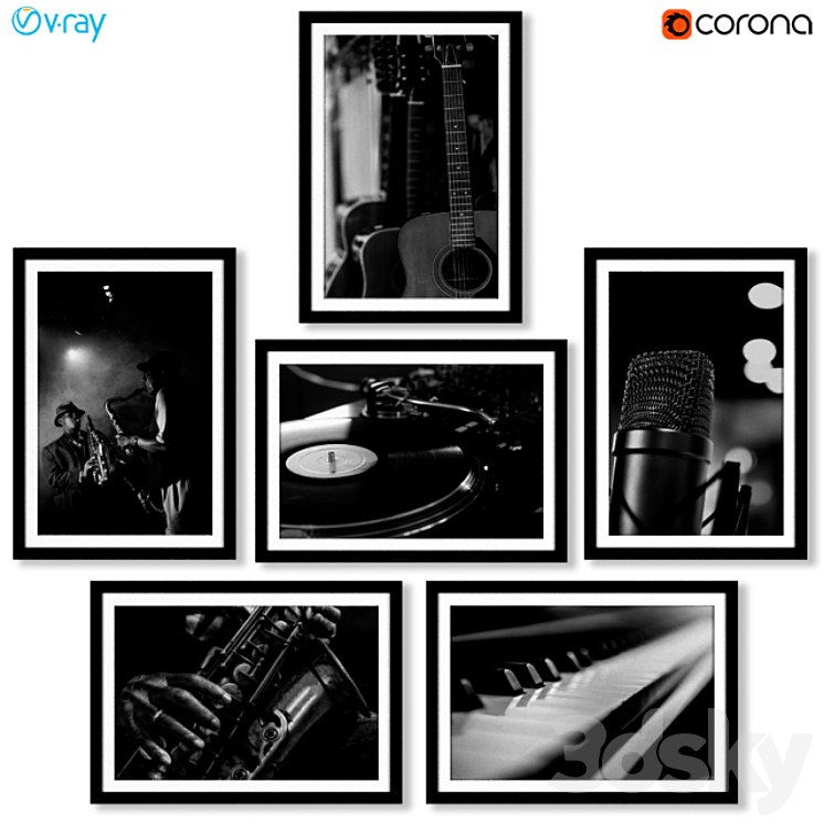 A series of black and white posters with musical instruments.