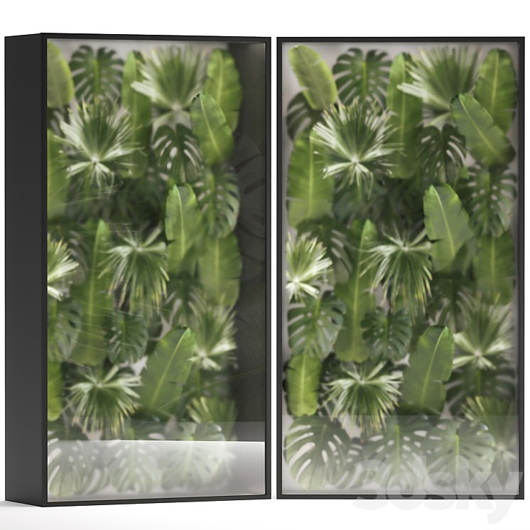 Phytowall and phytobox made of banana palm branches and fan palm leaves in a niche behind a translucent stack. 70.