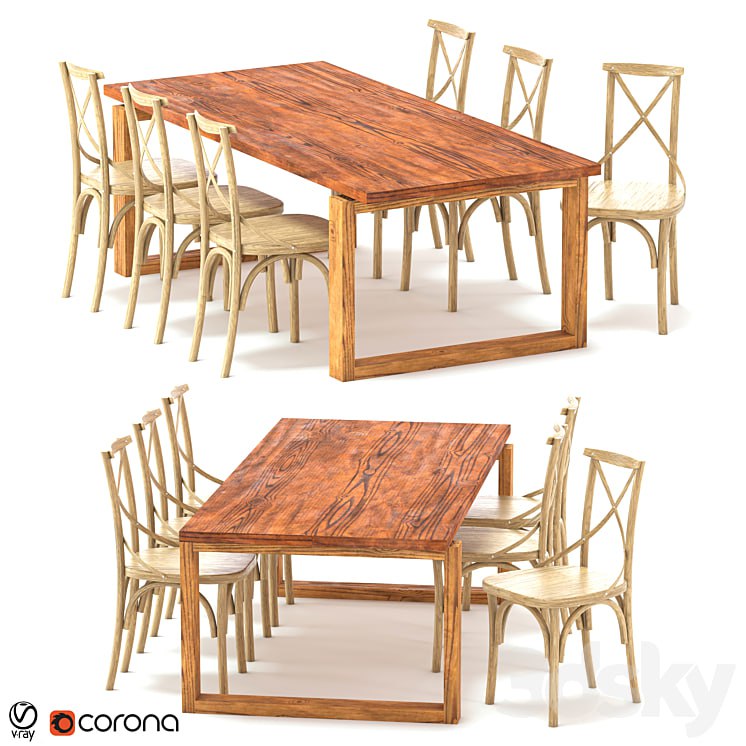 ODGER Table and 6 Teak Cross Back Dining Chair