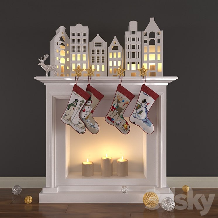 Christmas decoration with candles and fireplace