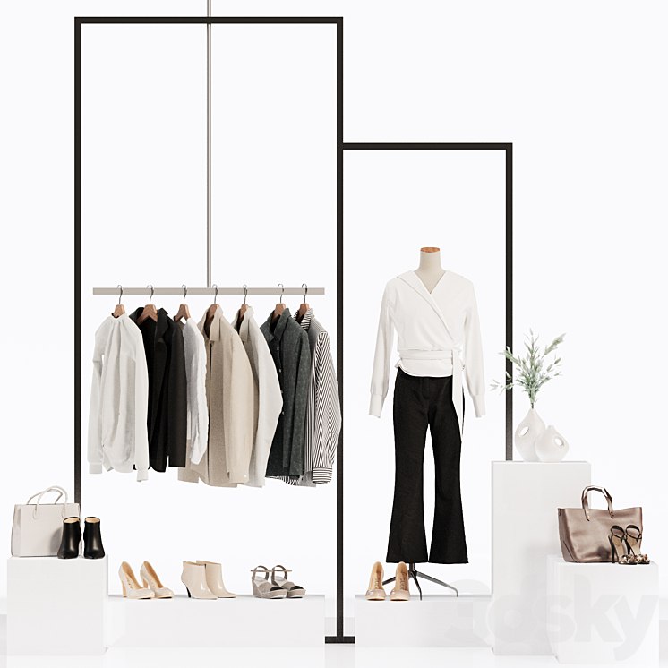 Clothes store showcase, mannequin, hanger, clothes, wardrobe