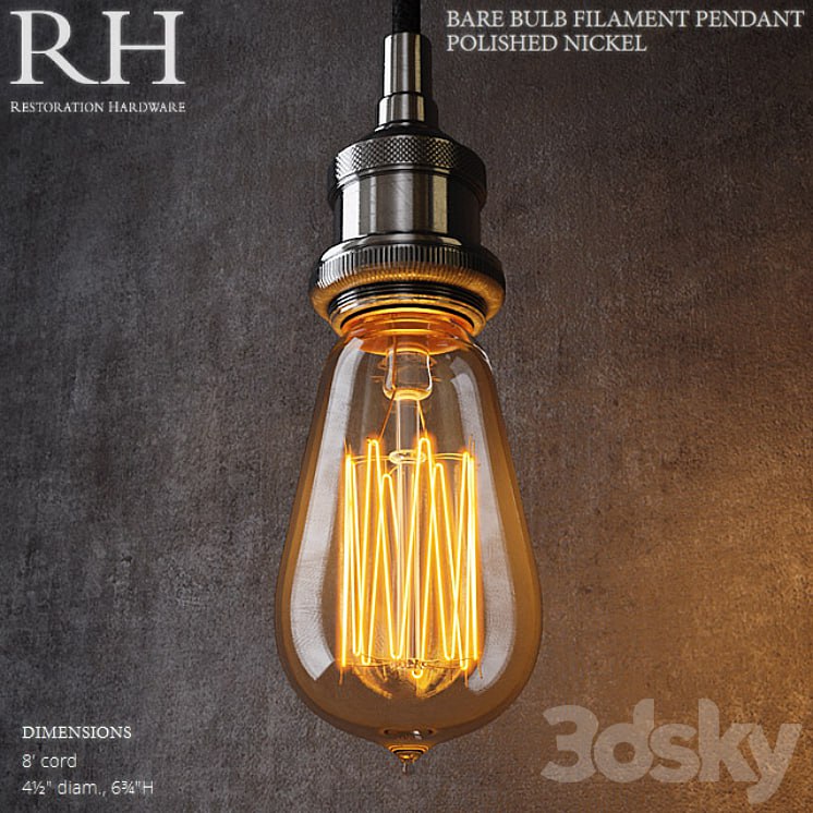 RH Bare Bulb Filament Pendant Polished Nickel