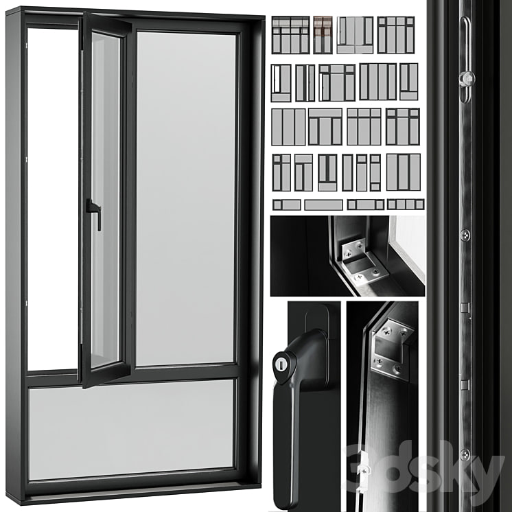 open window & close metal window with metal & leather blinds