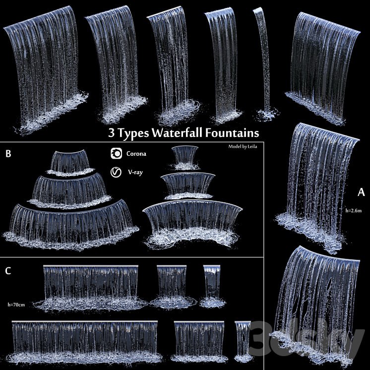 3 types of waterfall Fountains cascade in different sizes