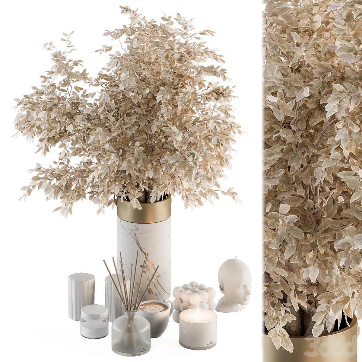 White and Gold Decorative Set with Dried plant - Set 106