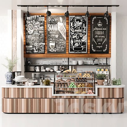 Design project of coffee point with desserts and sweets. Cafe