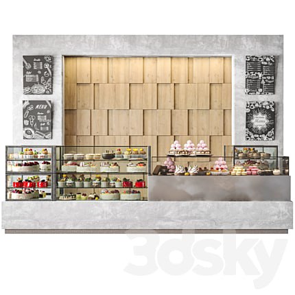 Modern coffee shop with display case with desserts and sweets