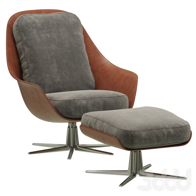 A lounge chair with ottoman and a grey fabric