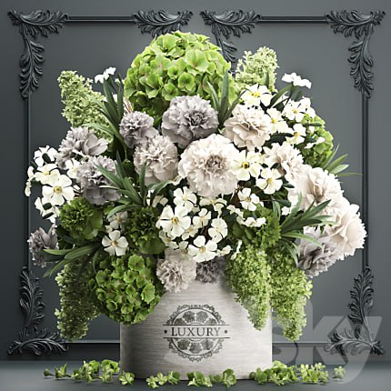 A beautiful lush modern bouquet of white green flowers in a luxury vase with a molded frame, hydrangea, lilac, peonies, oleander. Set 90.