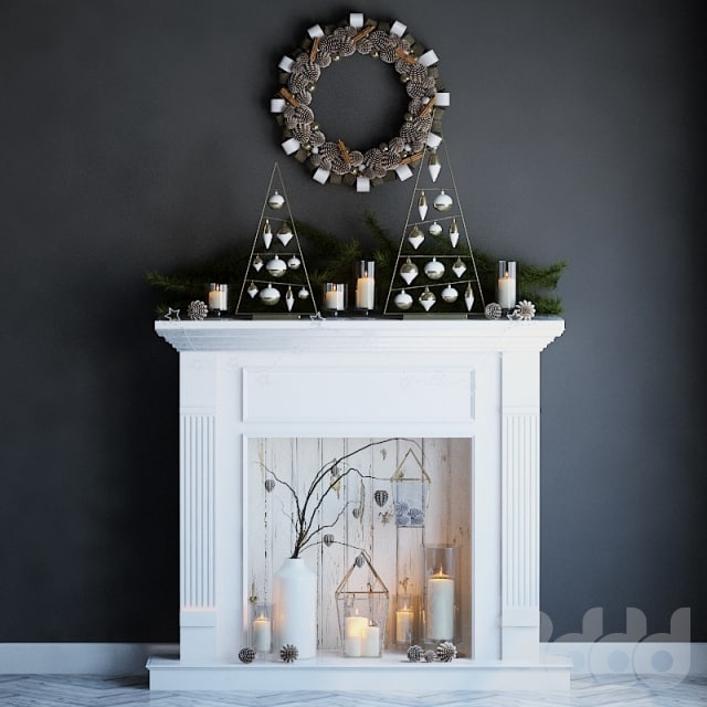 Artificial fireplace with candles and Christmas decorations