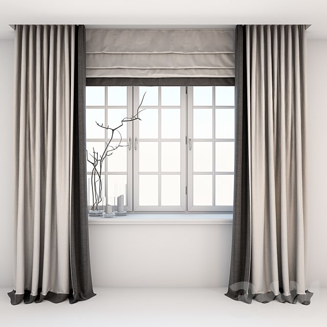 Direct two-color curtains in the floor and Roman curtains in a modern style with a window