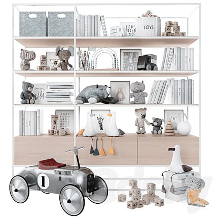 Bookcase with toys and books.