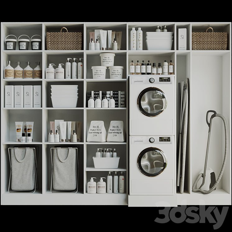 Linear with household appliances and household chemicals. Bathroom accessories