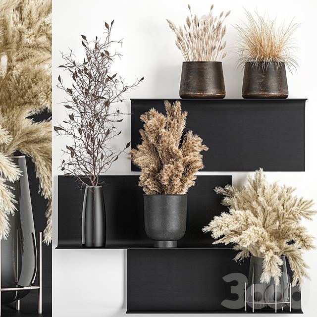 Bouquet 119. Pampas grass, branches, vase, reeds, dried flowers, metal shelf, shelf with flowers, bouquets, dried flowers, dry, natural decor, eco design, loft