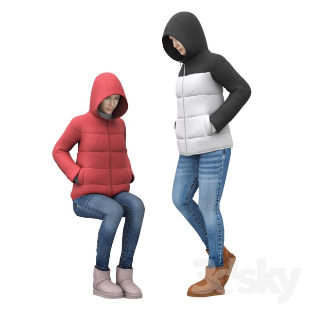 Girl in a jacket with a hood jacket boots