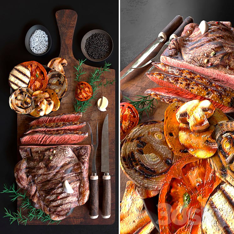 Baked meat with grilled vegetables with spices. meat plate