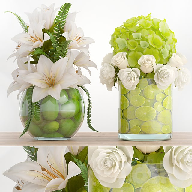 Bouquet of flowers 66. White flowers, lilies, hydrangea, vase with lemon