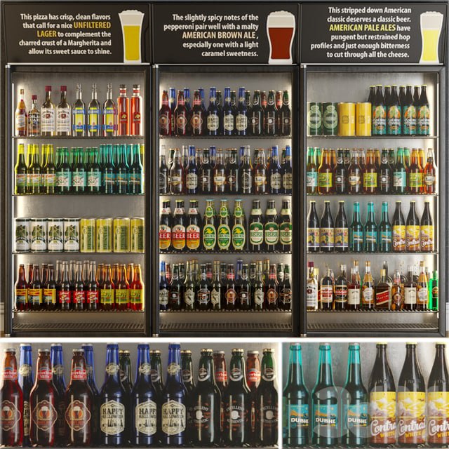 Холодильник в супермаркете. Алкогольный отдел, алкоголь, пиво, коктейль, жестяная банка