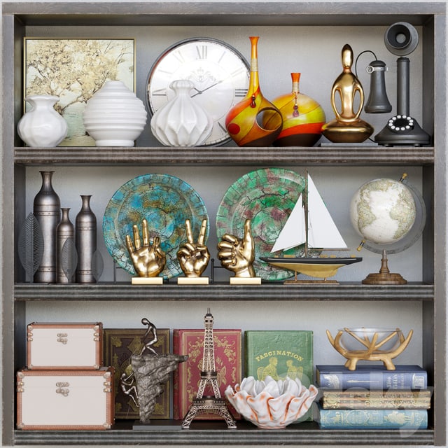 Wardrobe with a collection of vases, decor and figurines. Books