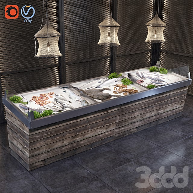 Showcase with fish and seafood