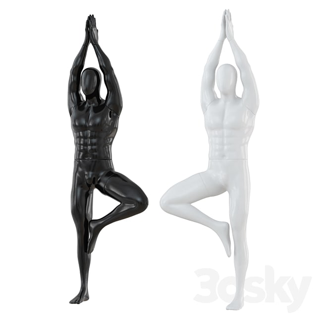 Male abstract mannequin stands in yoga pose 109
