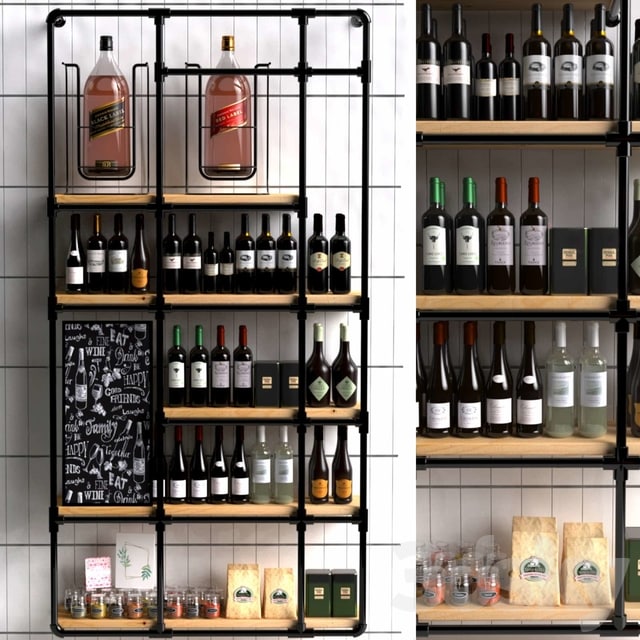 Wine shelf in a loft-style supermarket with a collection of red wine