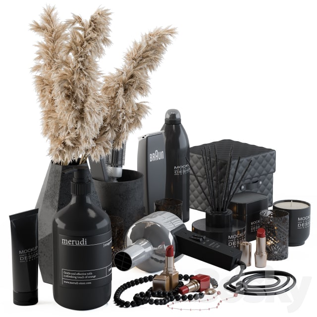 Bathroom Decor Set 05 - Black Set with pampas Plant ,