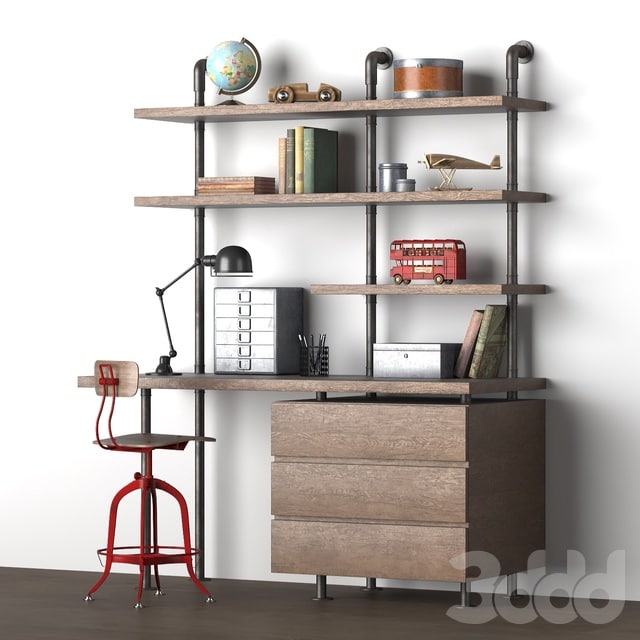 INDUSTRIAL PIPE SINGLE DESK & SHELVING WITH DRAWERS