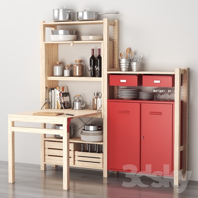 Ikea IVAR Shelving with table / cabinets / drawers and kitchen decor set