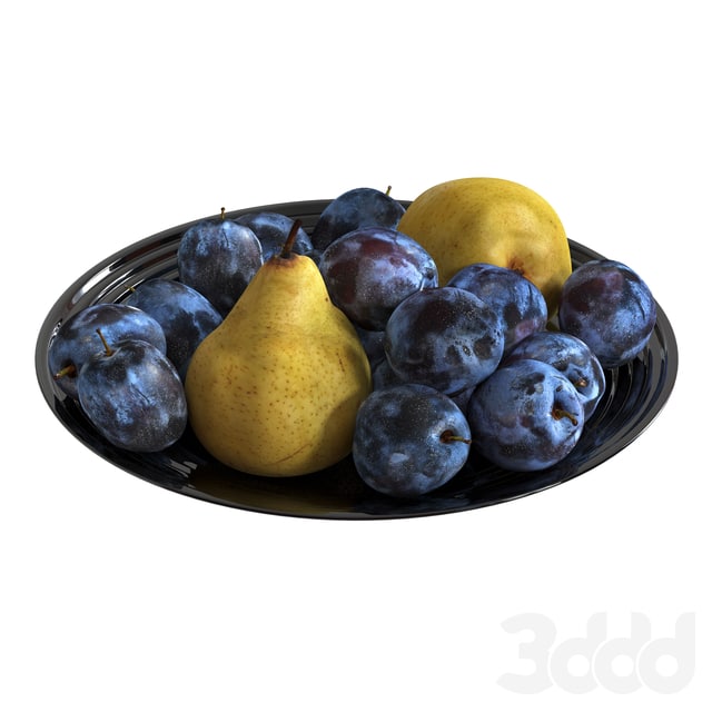 Plum and pear in a black cup