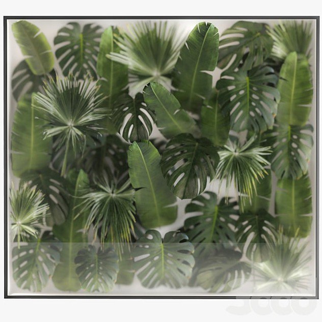 Phytowall and phytobox made of banana palm branches and fan palm leaves in a niche behind a translucent stack. Bouquet 287