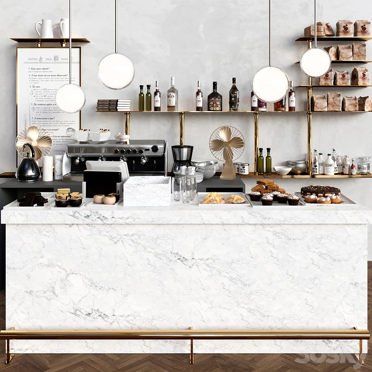 A modern cafe with a marble counter and desserts. Coffee house, cake