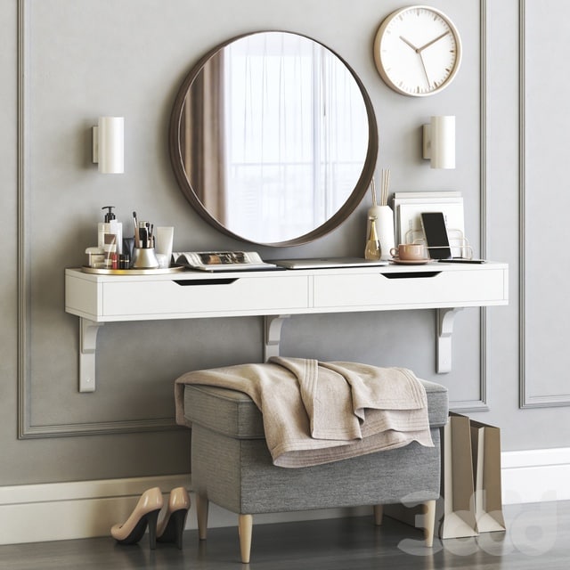 IKEA ALEX dressing table with STRANDMON ottoman and STOCKHOLM round mirror , , , ,