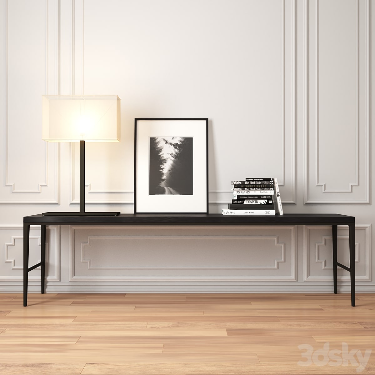 Decorative set with console and lamp.