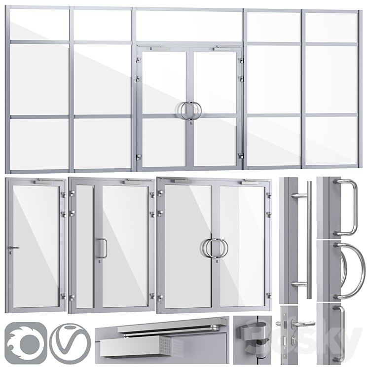 Glass fire doors and partitions, a set of handles