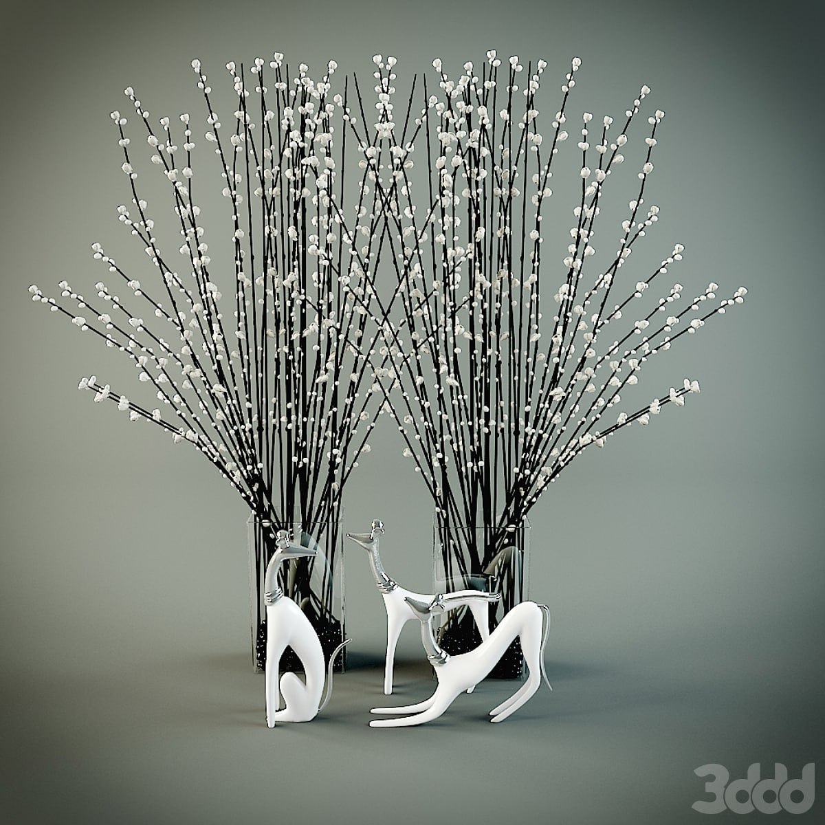 Decor. Vase with twigs and figurines of dogs