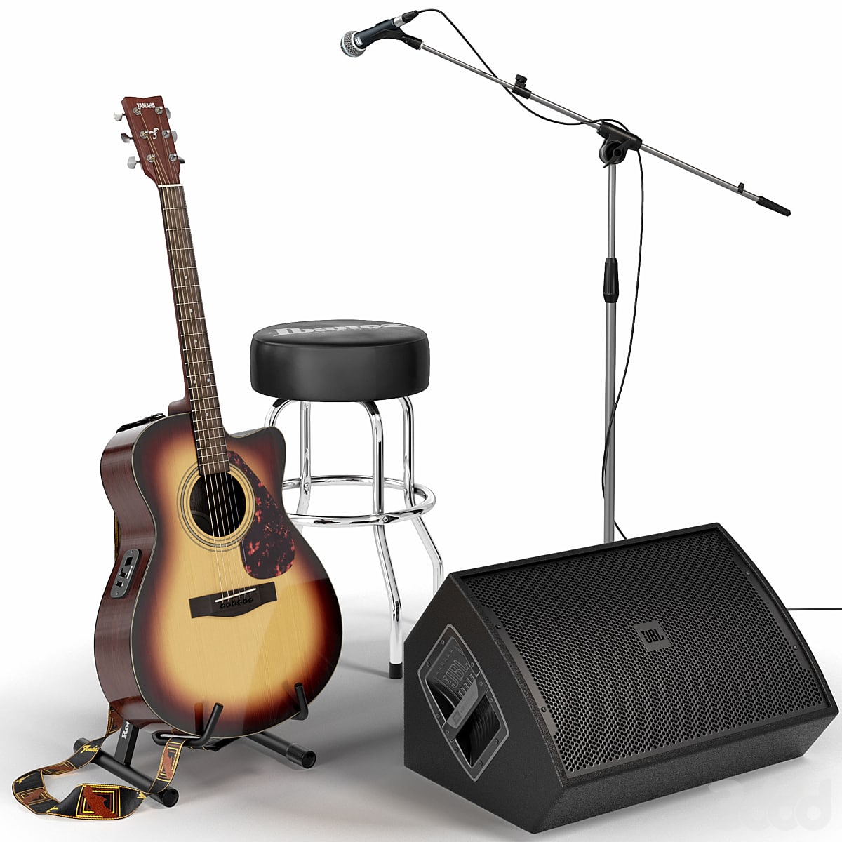 Guitar. Guitar set for stage. Musical instrument. Microphone