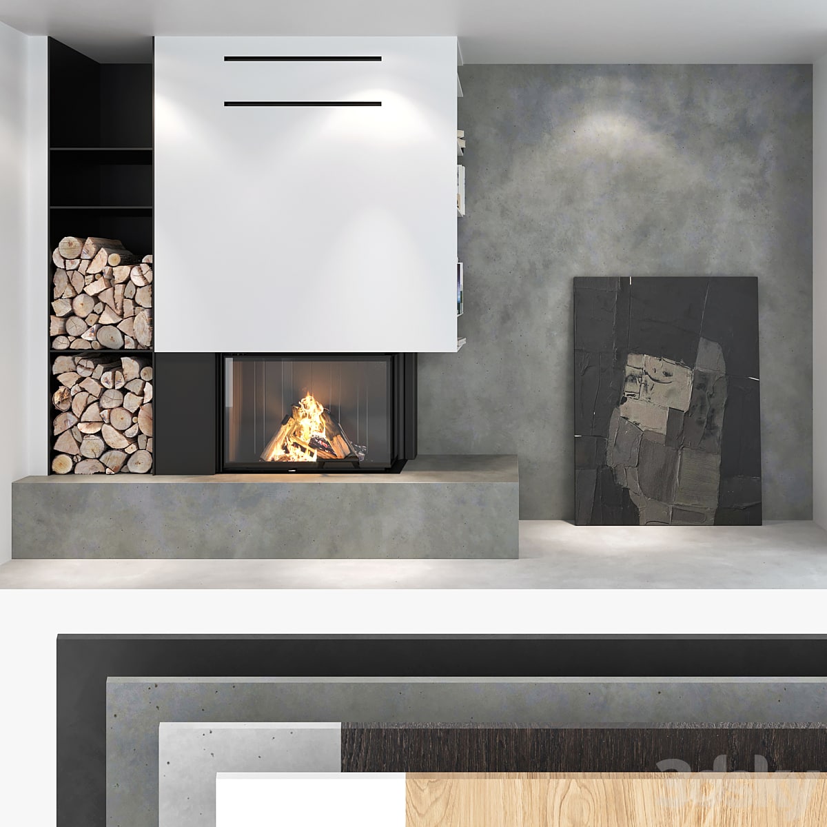 Decorative wall with fireplace set 02