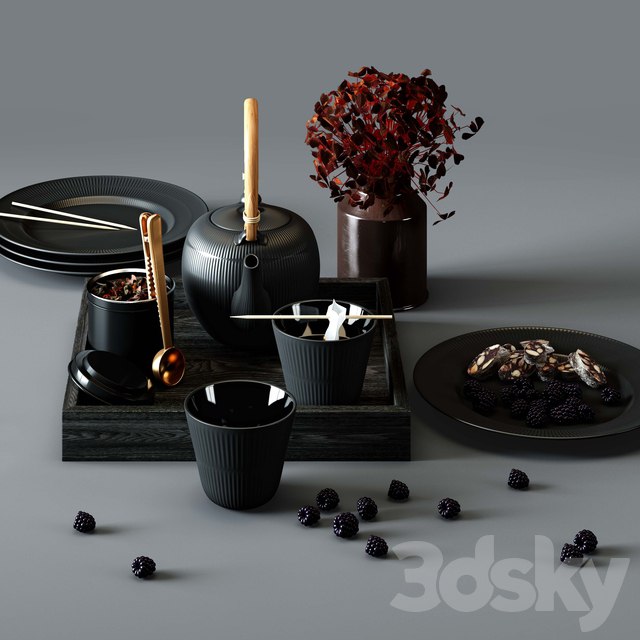 BLACK FLUTED set - thermal teapot, plates and cups