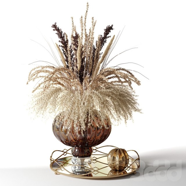 A bouquet of dried flowers in a pot-bellied brown vase on a tray