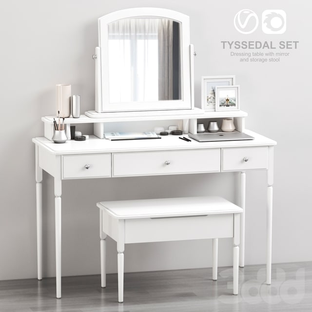 IKEA TYSSEDAL Dressing table with mirror and storage stool, white table
