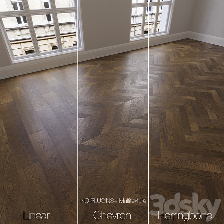 Parquet natural, oak smoked, 3 kinds. Linear, chevron, herringbone.