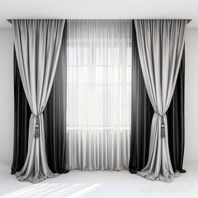 Black satin curtains with pick-up brush, gray curtains in the floor and tulle moderncurtainsbuilt-in