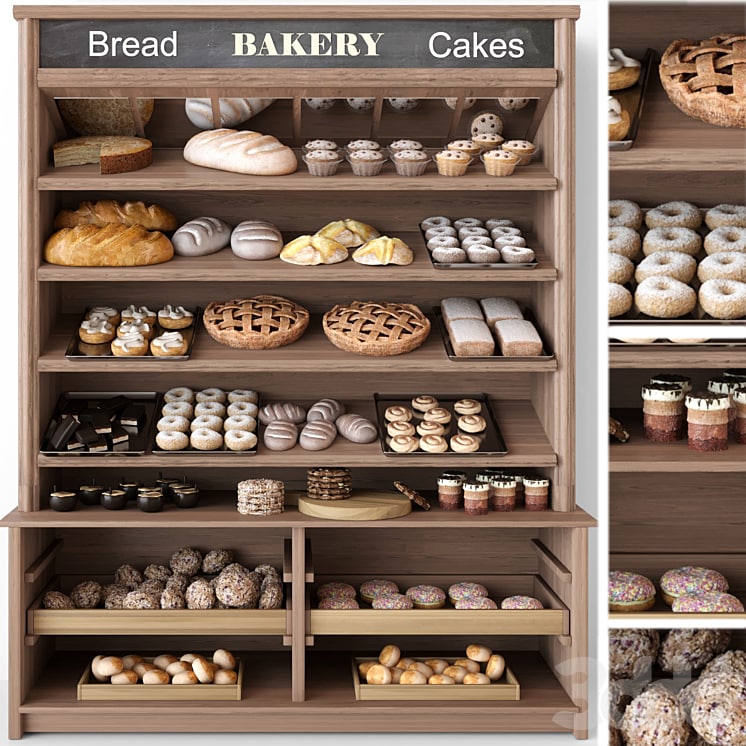 Showcase in a bakery with pastries and desserts