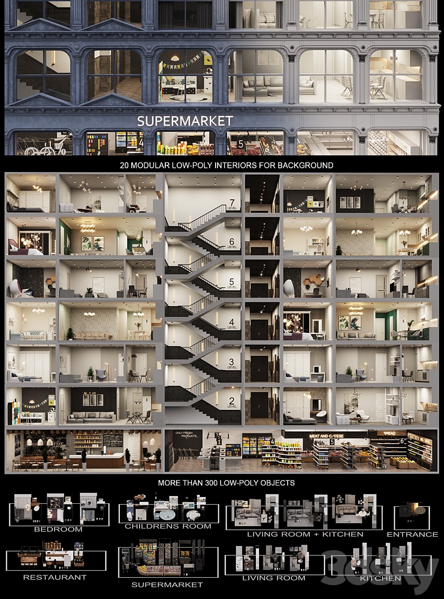 Facade with lowpoly interiors