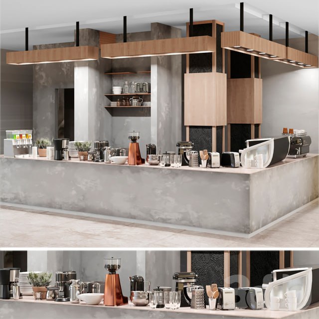 Cafe with a minimalist design with elements of concrete and wood. Coffee machine, coffee maker #